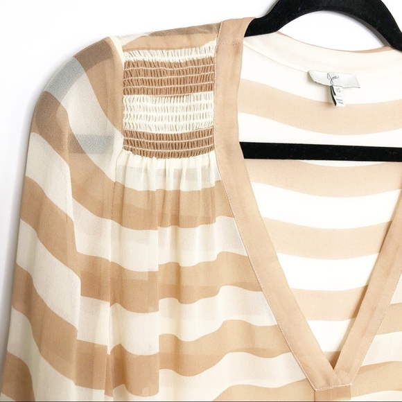 JOIE Aceline Tan/Cream silk striped v neck sheer blouse - Picture 4 of 9